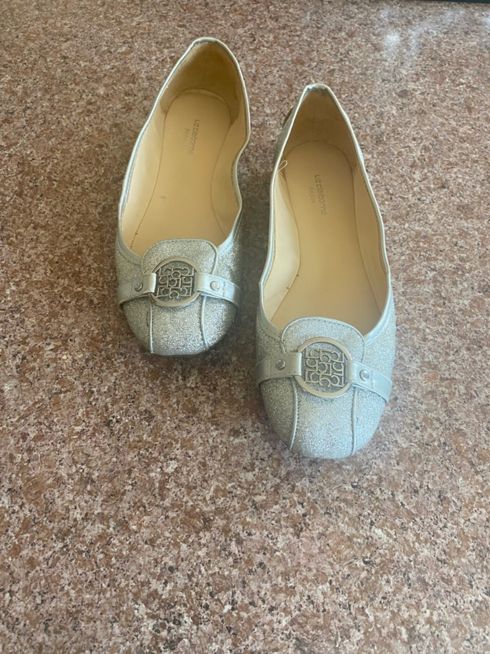 Liz Claiborne Silver Glitter Ballet Flats with Logo Accent